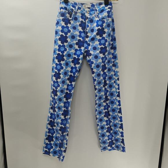 Zara Jeans Size 4 Blue White Flowers High Rise Straight Flat Front Pants Denim - Picture 5 of 13